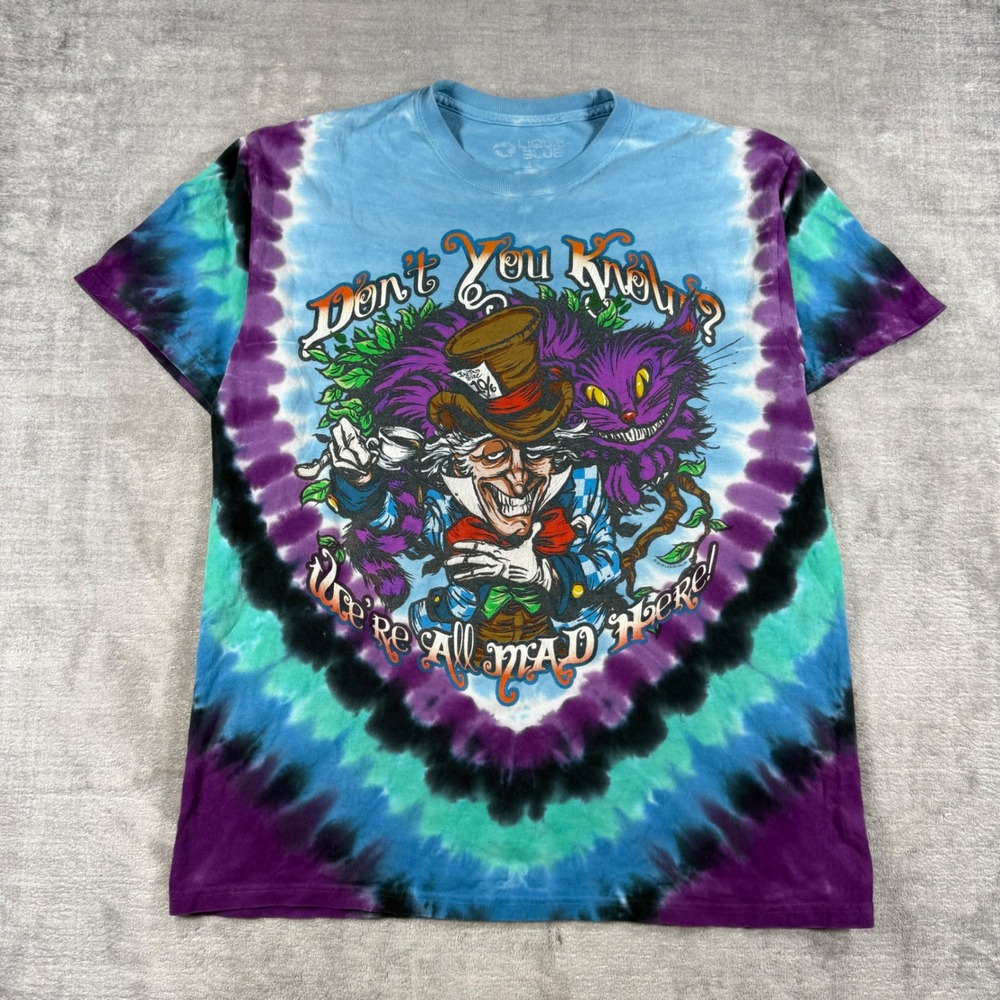 Liquid Blue Alice in Wonderland Shirt Mens Large Blue Tie Dye Mad Hatter Graphic